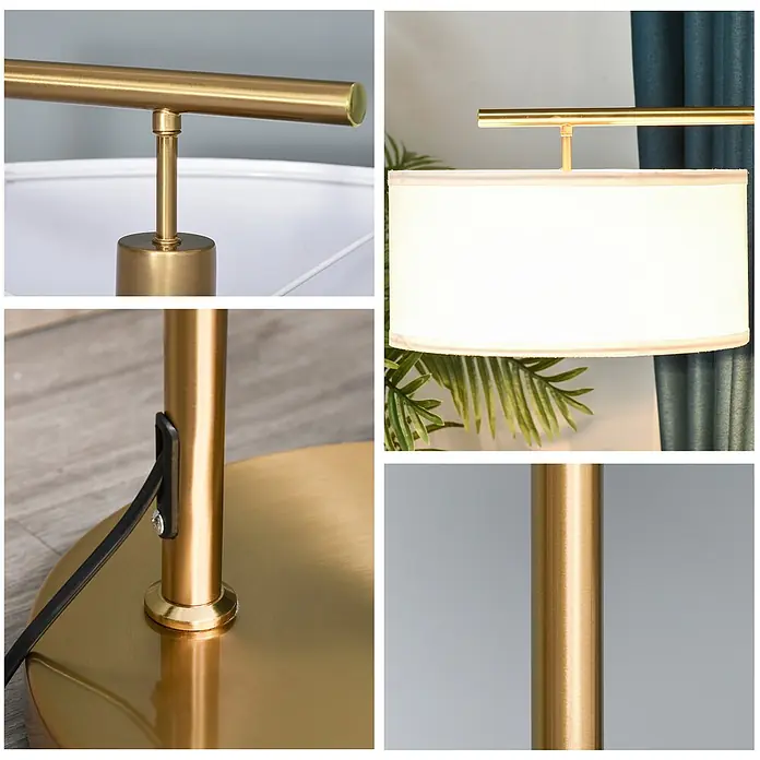 Homcom Stehleuchte - 40 W, Höhe: 153 cm, Gold, Weiß, E27 - Goldene Stehlampe mit weißem Stoffschirm.