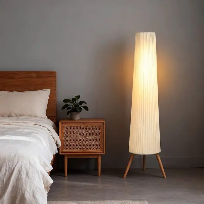 Homcom Stehleuchte - 10,5 W, Höhe: 153 cm, Holz, Weiß, E27 - Beleuchtete Plissee-Stehlampe mit konischem Schirm und Holzbeinen, die ein warmes Licht im Schlafzimmer spendet.
