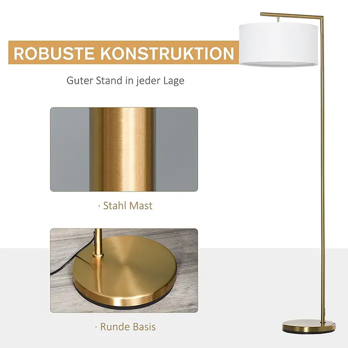 Homcom Stehleuchte - 40 W, Höhe: 153 cm, Gold, Weiß, E27 - Goldfarbene Stehleuchte aus Stahl mit weißem Stoffschirm und robuster runder Basis.