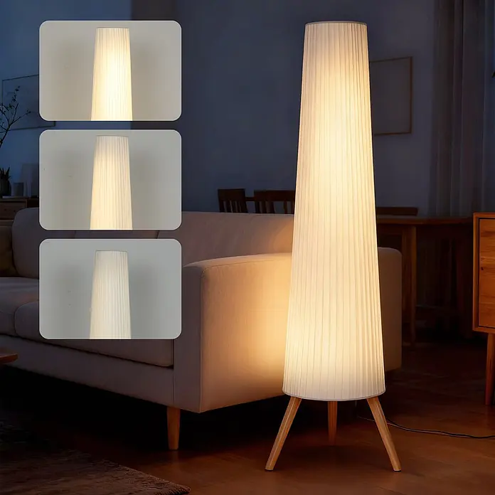 Homcom Stehleuchte - 10,5 W, Höhe: 153 cm, Holz, Weiß, E27 - Beleuchtete Plissee-Stehlampe mit hellen Holzbeinen in einem Wohnzimmer. Einsätze zeigen verschiedene Lichteinstellungen.