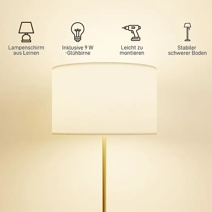 Homcom Stehleuchte - 40 W, Gold, Weiß, E27 - Stehlampe mit Leinenschirm und stabilem, schwerem Fuß. Einfach zu montieren, inklusive Leuchtmittel.