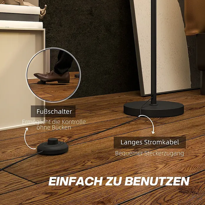 Homcom Stehleuchte - 40 W, Höhe: 163 cm, Schwarz, Weiß, E27 - Schwarze Stehleuchte mit Fußschalter und langem Stromkabel für bequeme Bedienung.
