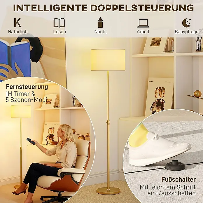 Homcom Stehleuchte - 40 W, Gold, Weiß, E27 - Goldene Stehleuchte mit cremefarbenem Schirm, fernbedienbar und mit Fußschalter für einfache Bedienung. Verfügt über Timer und 5 Szenen-Modi.