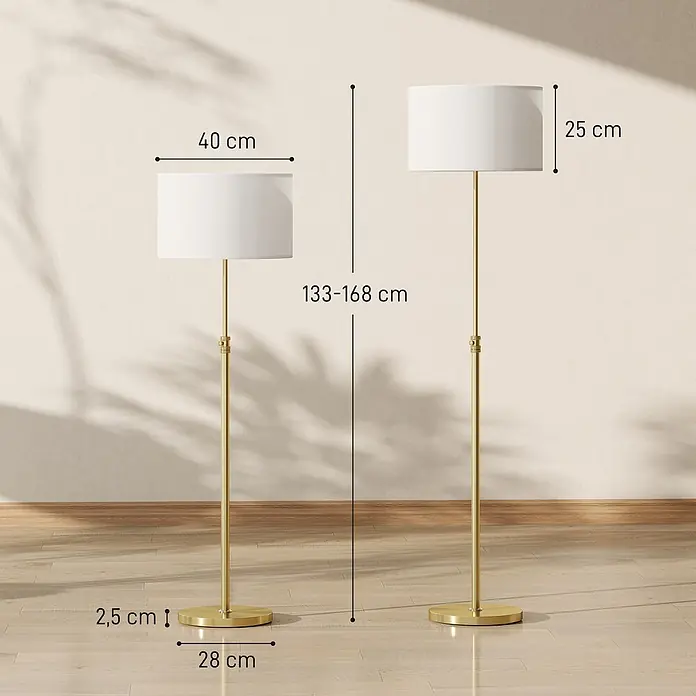Homcom Stehleuchte - 40 W, Gold, Weiß, E27 - Goldfarbene, höhenverstellbare Stehlampe mit weißem Stoffschirm. Höhe 133-168 cm.