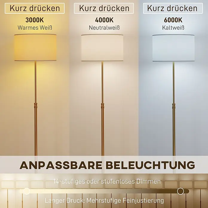 Homcom Stehleuchte - 40 W, Gold, Weiß, E27 - Goldene Stehlampe mit Stoffschirm, zeigt einstellbare Lichtfarben (3000K warm, 4000K neutral, 6000K kalt) und Dimmfunktion.