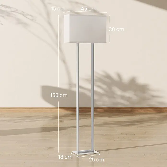 Homcom Stehleuchte - 35 W, Silber, Weiß, E27 - Weiße rechteckige Stehlampe mit Metallgestell, Maße: 150 cm hoch, Schirm 45x15x30 cm, Fuß 25x18 cm.