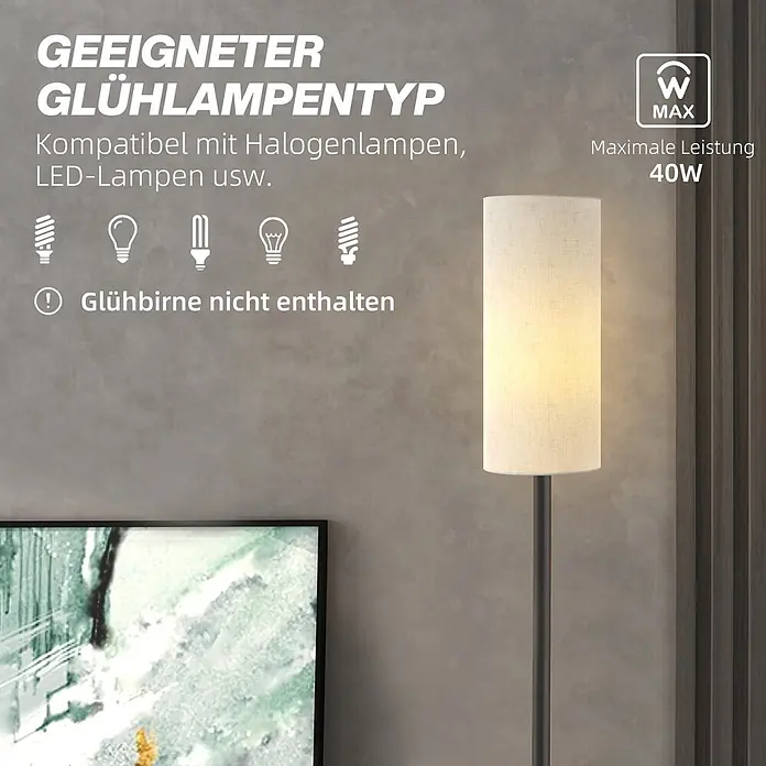 Homcom Stehleuchte - 40 W, Höhe: 163 cm, Schwarz, Weiß, E27 - Stehlampe mit hellem Stoffschirm, kompatibel mit LED-/Halogenlampen bis 40W. Leuchtmittel nicht enthalten.