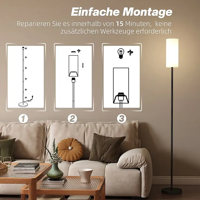 Homcom Stehleuchte - 40 W, Höhe: 163 cm, Schwarz, Weiß, E27 - Schwarze Stehlampe mit weißem Schirm in einem Wohnzimmer, mit drei Montageschritten für einfache Installation.
