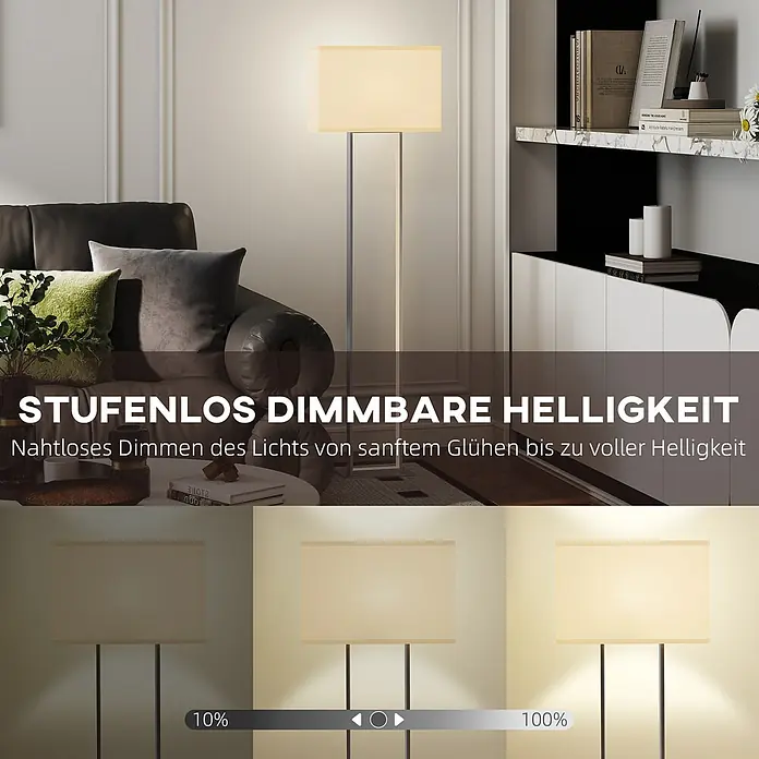 Homcom Stehleuchte - 35 W, Silber, Weiß, E27 - Stehleuchte mit rechteckigem Schirm und Metallsockel, stufenlos dimmbar von sanftem Glühen bis voller Helligkeit im Wohnzimmer.