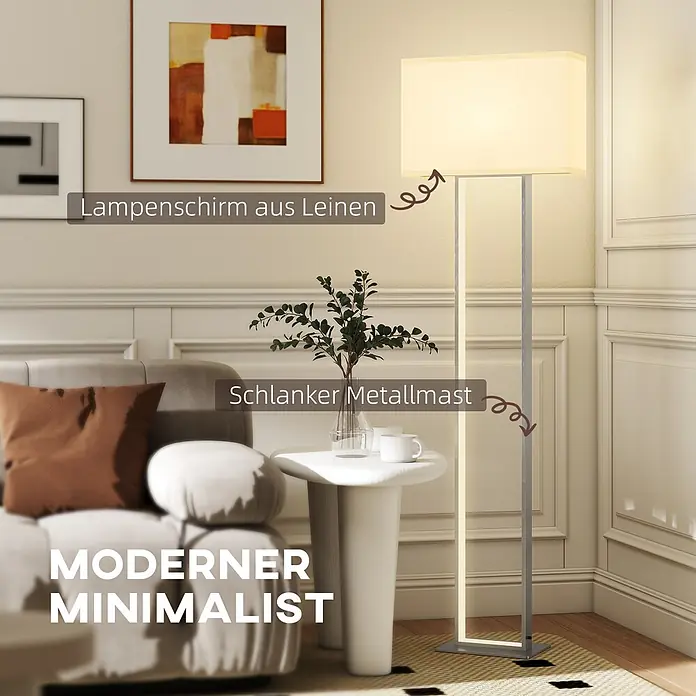 Homcom Stehleuchte - 35 W, Silber, Weiß, E27 - Moderne, minimalistische Stehleuchte mit Leinenlampenschirm und schlankem Metallmast, die ein Wohnzimmer beleuchtet.