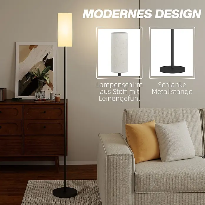 Homcom Stehleuchte - 40 W, Höhe: 163 cm, Schwarz, Weiß, E27 - Moderne Stehlampe mit Stoffschirm und schlanker schwarzer Metallstange, beleuchtet ein gemütliches Wohnzimmer.