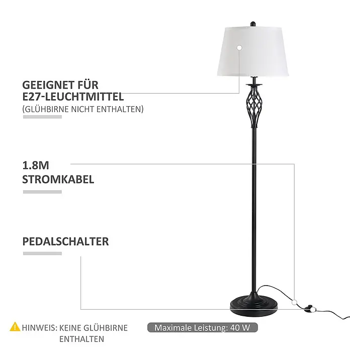 Homcom Stehleuchte - 40 W, Schwarz, Weiß, E27 - Schwarze Stehlampe mit weißem Stoffschirm und Fußschalter.
