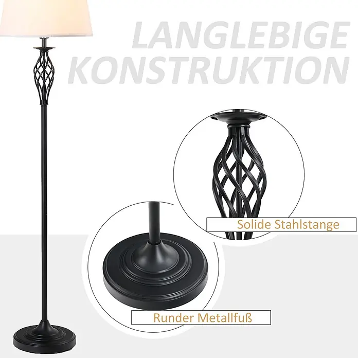 Homcom Stehleuchte - 40 W, Schwarz, Weiß, E27 - Schwarze Stehlampe mit weißem Schirm, verziertem Stahlschaft und rundem Metallfuß für langlebige Konstruktion.