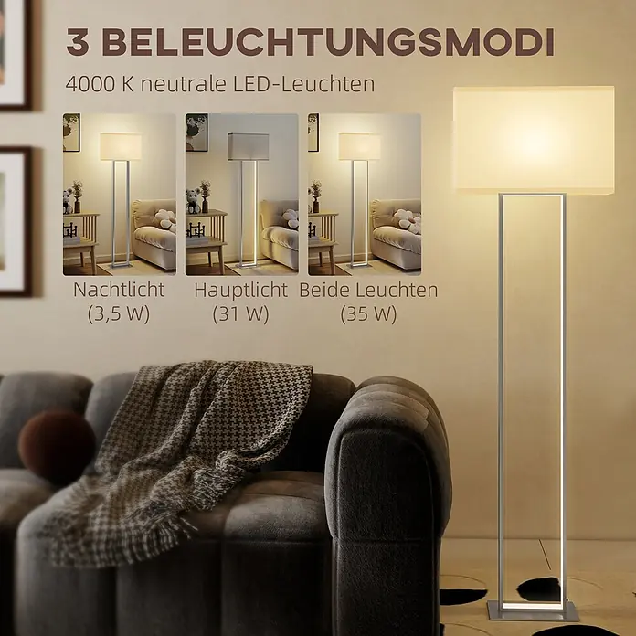 Homcom Stehleuchte - 35 W, Silber, Weiß, E27 - Moderne Stehleuchte mit 3 Lichtmodi: Nachtlicht (3,5W), Hauptlicht (31W) oder beide (35W, 4000K neutral).