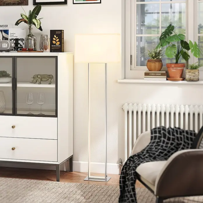 Homcom Stehleuchte - 35 W, Silber, Weiß, E27 - Moderne rechteckige Stehlampe mit weißem Stoffschirm und silbernem Rahmen, spendet Umgebungslicht.