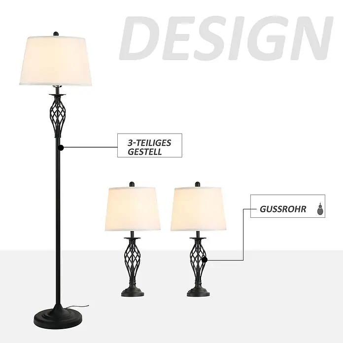 Homcom Stehleuchte - 40 W, Schwarz, Weiß, E27 - Set aus drei Lampen: eine Stehlampe und zwei passende Tischlampen aus schwarzem Metall mit weißen Stoffschirmen.