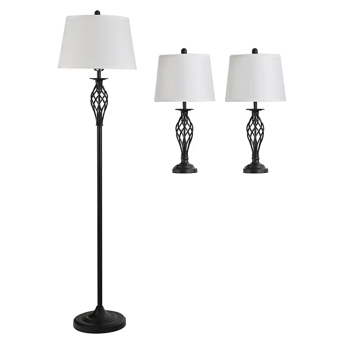 Homcom Stehleuchte - 40 W, Schwarz, Weiß, E27 - Set aus drei schwarzen Metalllampen: eine Stehleuchte und zwei passende Tischlampen, alle mit weißen Stoffschirm und dekorativen gedrehten Akzenten.