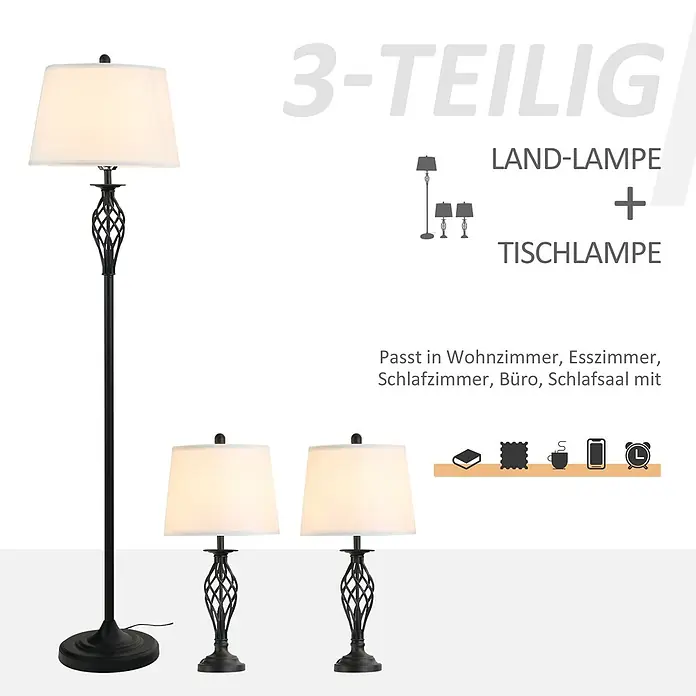 Homcom Stehleuchte - 40 W, Schwarz, Weiß, E27 - Ein 3-teiliges Lampenset: eine schwarze Stehlampe im Schmiedeeisen-Stil und zwei passende Tischlampen mit weißen Stoffschirmen.