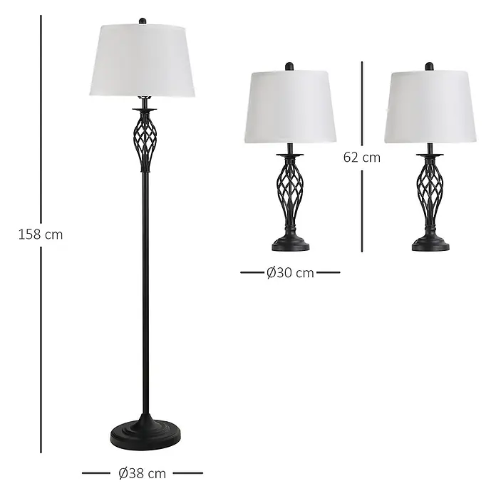 Homcom Stehleuchte - 40 W, Schwarz, Weiß, E27 - Set aus 3 schwarzen Metallleuchten mit weißen Stoffschirmen: eine Stehleuchte (158 cm H) und zwei Tischleuchten (62 cm H), alle mit verziertem Metallgestell.