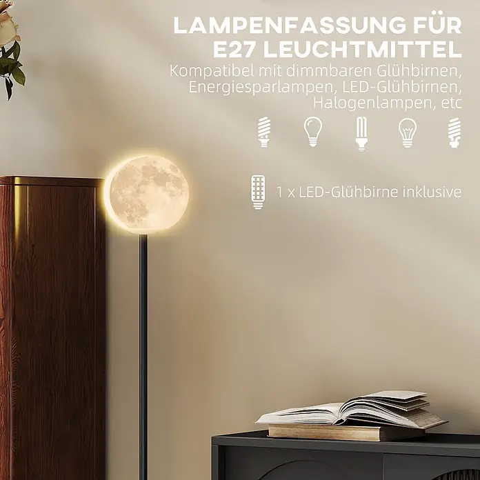 Homcom Stehleuchte - 25 W, Schwarz, Mondoptik, E27 - Mondförmige Stehlampe mit leuchtendem Mondkopf und dunkler Stange in einem gemütlichen Raum.