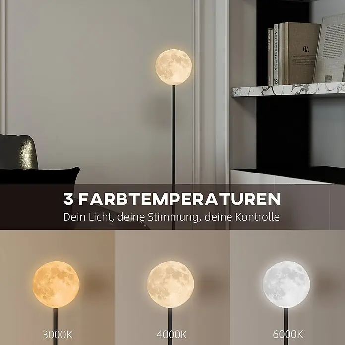 Homcom Stehleuchte - 25 W, Schwarz, Mondoptik, E27 - Mondförmige Stehleuchte mit drei einstellbaren Farbtemperaturen (3000K, 4000K, 6000K) für anpassbare Lichtstimmung.