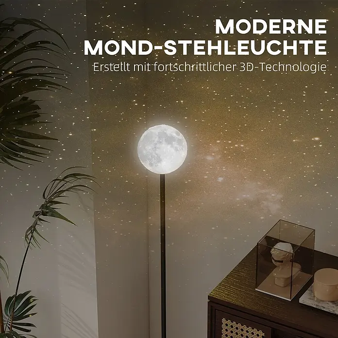 Homcom Stehleuchte - 25 W, Schwarz, Mondoptik, E27 - Moderne Mond-Stehleuchte mit detailliertem Mondlicht, das einen Raum mit Sternenmustern beleuchtet.