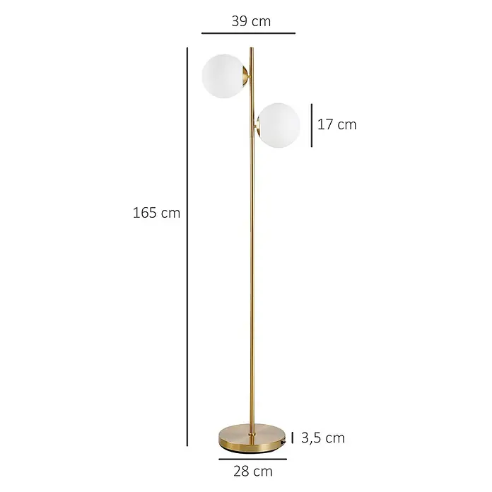 Homcom Stehleuchte - 40 W, Höhe: 165 cm, Gold, Weiß, E27 - Elegante goldene Stehleuchte mit zwei kugelförmigen weißen Glasschirmen, 165 cm hoch mit 28 cm Basisdurchmesser.