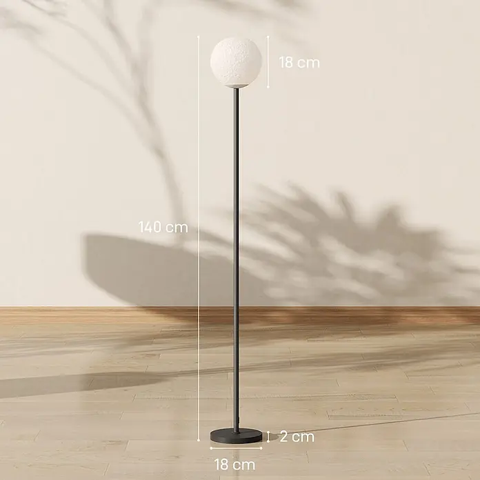 Homcom Stehleuchte - 25 W, Schwarz, Mondoptik, E27 - Schwarze Stehleuchte mit strukturierter weißer Kugel, 140 cm hoch; Schirm 18 cm Durchmesser, Fuß 18 cm Durchmesser und 2 cm hoch.