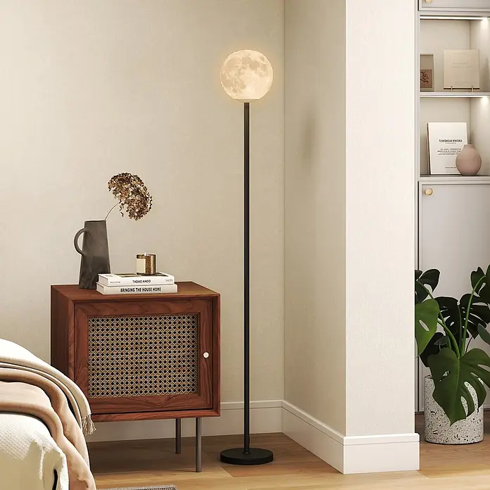 Homcom Stehleuchte - 25 W, Schwarz, Mondoptik, E27 - Mondförmige Stehlampe mit schwarzem Ständer, die einen Raum mit sanftem Licht beleuchtet.
