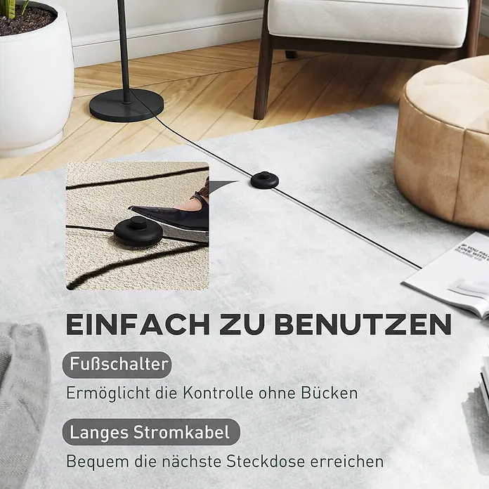 Homcom Stehleuchte - 25 W, Schwarz, Mondoptik, E27 - Ein schwarzes Stromkabel einer Stehlampe mit rundem Fußschalter auf einem hellen Teppich, gezeigt mit einem Fuß zur einfachen Bedienung und langer Reichweite.