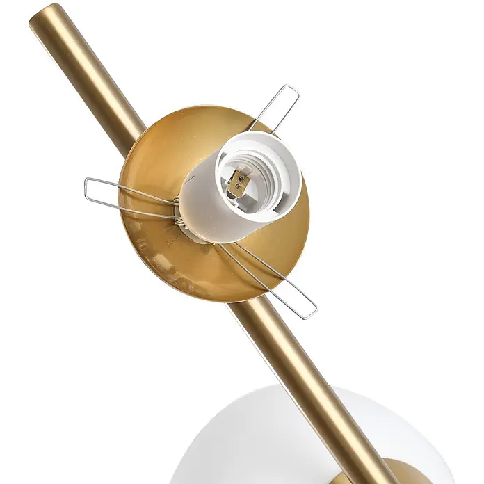 Homcom Stehleuchte - 40 W, Höhe: 165 cm, Gold, Weiß, E27 - Nahaufnahme der Innenstruktur einer Leuchte: weiße E27-Fassung, goldfarbene Metallplatte, silberne Drahtklammern, Goldstab und weißer Schirm.