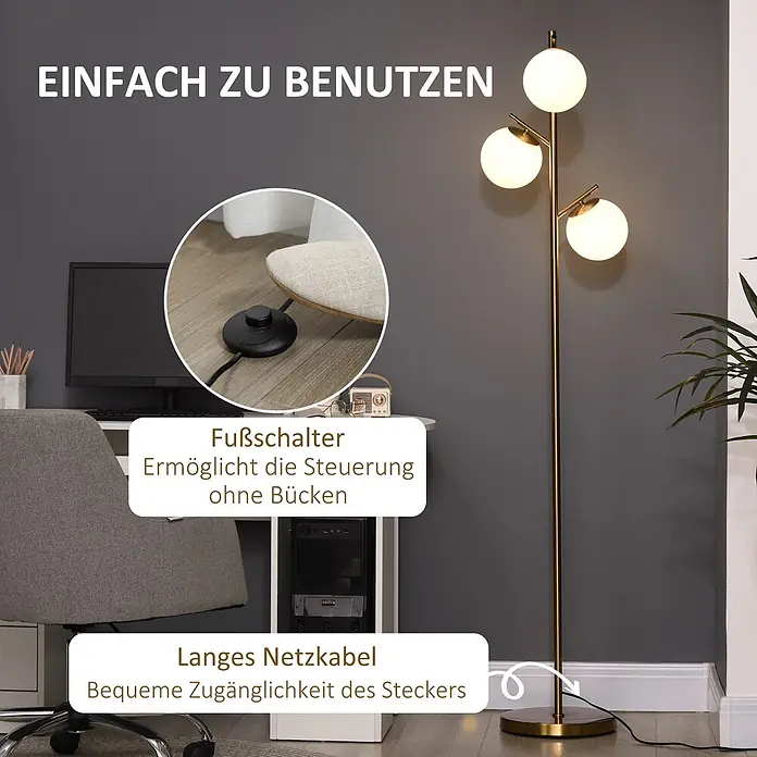 Homcom Stehleuchte - 40 W, Höhe: 169 cm, Gold, Gold, E27 - Goldfarbene Stehlampe mit drei weißen Kugelleuchten. Mit Fußschalter und langem Kabel für einfache Bedienung, neben einem Schreibtisch.