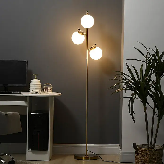 Homcom Stehleuchte - 40 W, Höhe: 169 cm, Gold, Gold, E27 - Hohe goldene Stehlampe mit drei kugelförmigen weißen Glaskugeln.