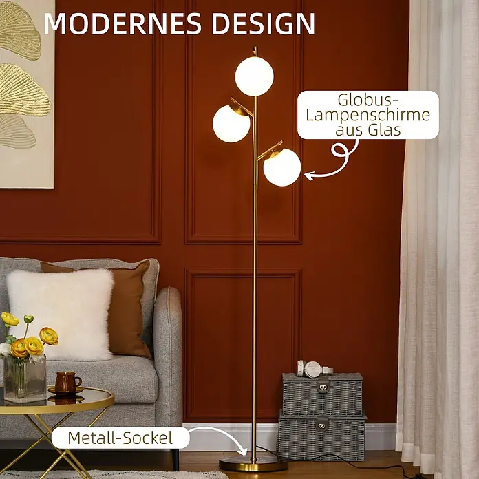 Homcom Stehleuchte - 40 W, Höhe: 169 cm, Gold, Gold, E27 - Moderne goldene Stehlampe mit drei Glaskugel-Lampenschirmen und Metallsockel, im Wohnzimmer stehend.