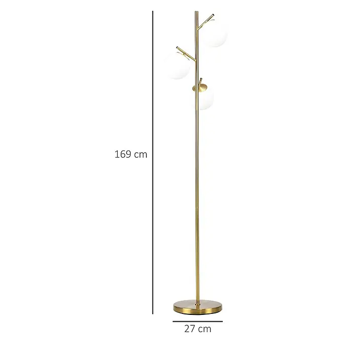 Homcom Stehleuchte - 40 W, Höhe: 169 cm, Gold, Gold, E27 - Hohe goldene Stehlampe mit drei kugelförmigen weißen Glasschirmen und rundem Sockel. Höhe: 169 cm, Durchmesser: 27 cm.