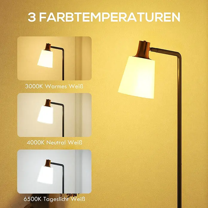 Homcom Stehleuchte - 25 W, Höhe: 148 cm, Schwarz, Weiß, E27 - Stehlampe, die drei einstellbare Farbtemperaturen demonstriert: warmes, neutrales und tageslichtweißes Licht.