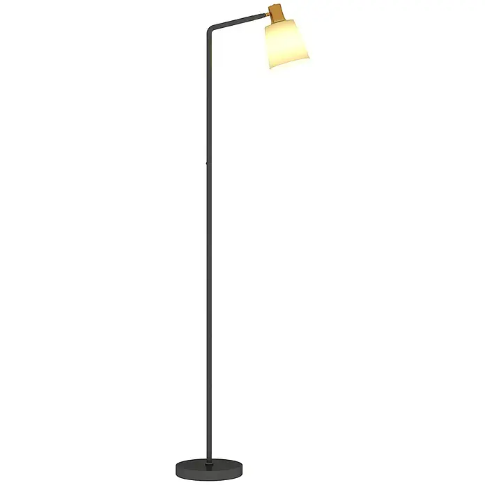 Homcom Stehleuchte - 25 W, Höhe: 148 cm, Schwarz, Weiß, E27 - Moderne Stehlampe mit dunkelgrauem Metallständer und -fuß, hellem Holz-Akzent und beleuchtetem konischem Schirm.