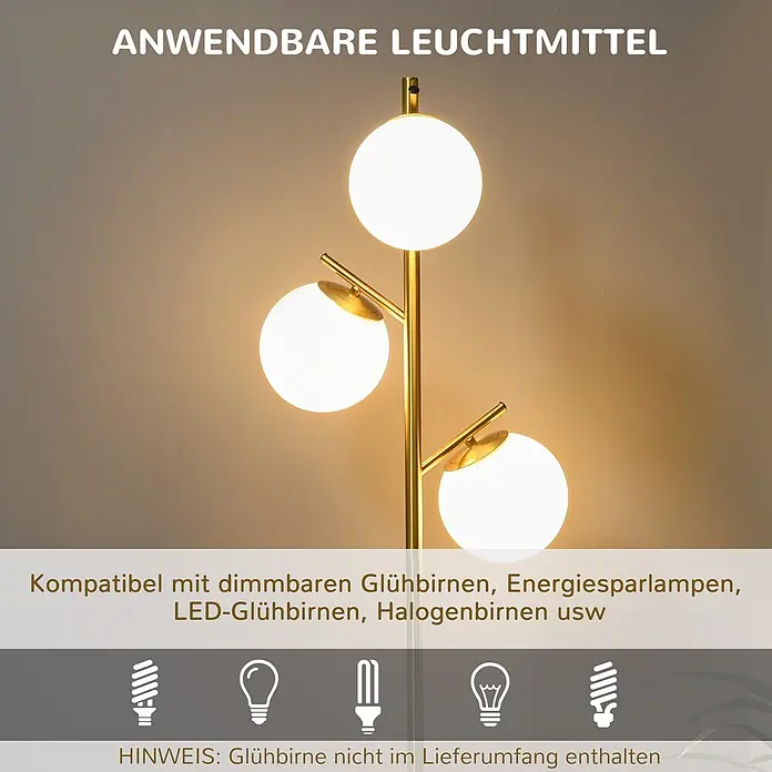 Homcom Stehleuchte - 40 W, Höhe: 169 cm, Gold, Gold, E27 - Goldfarbene Stehleuchte mit drei kugelförmigen weißen Lampenschirmen. Kompatibel mit verschiedenen Leuchtmitteltypen wie dimmbaren, LED- oder Halogenbirnen.