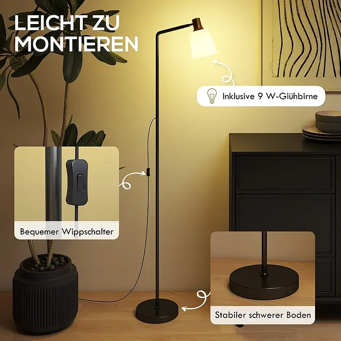 Homcom Stehleuchte - 25 W, Höhe: 148 cm, Schwarz, Weiß, E27 - Eine moderne schwarze Stehlampe mit weißem Schirm, bequemem Wippschalter und stabilem, schwerem Fuß, die einen Raum beleuchtet.