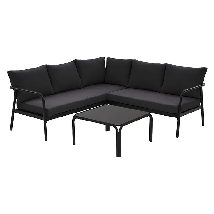 Ebuy24 Loungemöbel-Set Olga - 2 -tlg., Aluminium, Glas, Polyester, TPU, Schwarz - Schwarzes L-förmiges Outdoor-Sofa-Set aus Metall mit dunkelgrauen Kissen und passendem schwarzem Couchtisch.