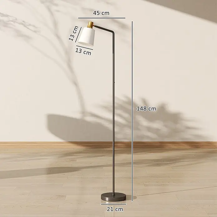 Homcom Stehleuchte - 25 W, Höhe: 148 cm, Schwarz, Weiß, E27 - Moderne schwarze Stehlampe mit weißem konischem Schirm und Goldakzent. Maße: 148 cm hoch, 45 cm oben breit, 21 cm Basis.