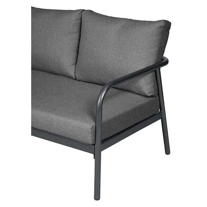 Ebuy24 Loungemöbel-Set Olga - 2 -tlg., Aluminium, Glas, Polyester, TPU, Schwarz - Dunkelgraues Outdoor-Sofa mit grauen Stoffkissen und dunklem Metallrahmen.