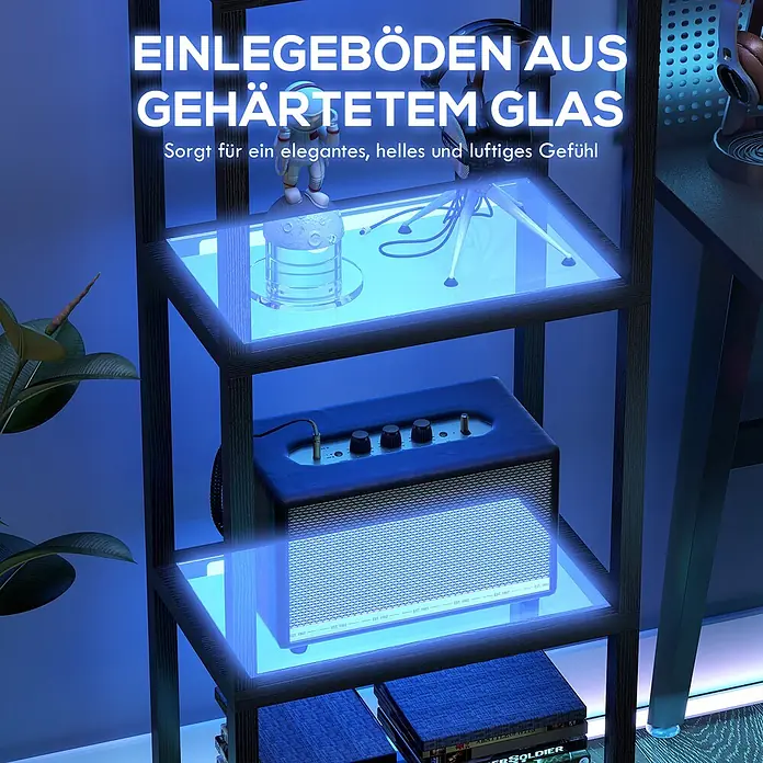 Homcom Stehleuchte - 18 W, Höhe: 157 cm, Schwarz, Schwarz, E27 - Schwarzes Regal mit beleuchteten Einlegeböden aus gehärtetem Glas, das einen Verstärker und Kopfhörer präsentiert.