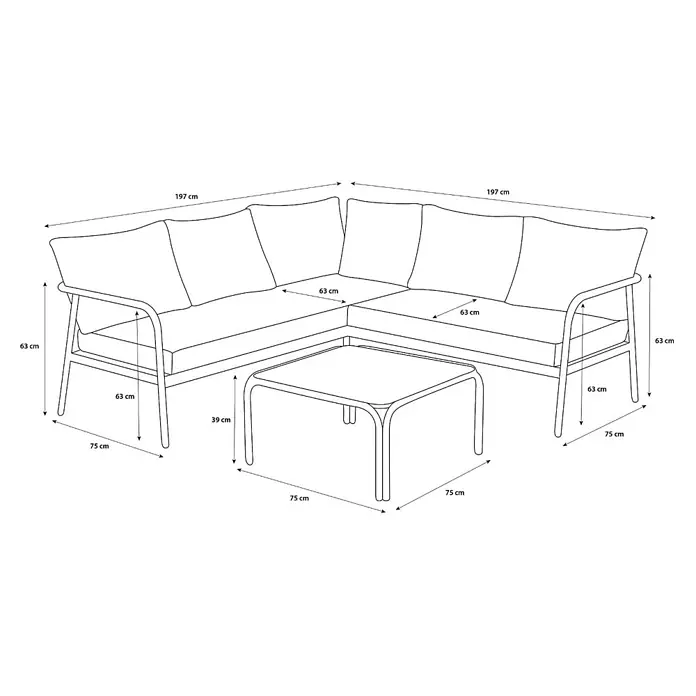 Ebuy24 Loungemöbel-Set Olga - 2 -tlg., Aluminium, Glas, Polyester, TPU, Schwarz - Technische Zeichnung eines Garten-Ecksofa-Sets mit Kissen und Couchtisch, inklusive Maßen.