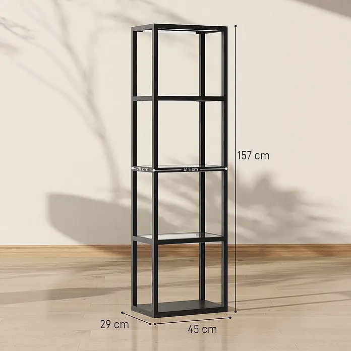 Homcom Stehleuchte - 18 W, Höhe: 157 cm, Schwarz, Schwarz, E27 - Hohes, schwarzes Metallregal mit Glasböden auf Holzfußboden, Maße 157x45x29 cm angegeben.