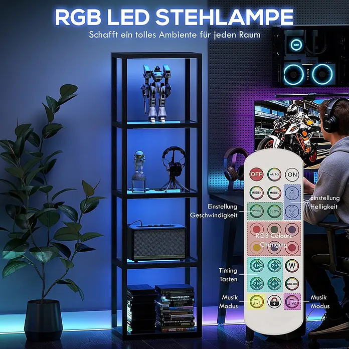 Homcom Stehleuchte - 18 W, Höhe: 157 cm, Schwarz, Schwarz, E27 - RGB LED Stehlampe, ein schwarzes Regal mit blauen LED-Leuchten, per Fernbedienung steuerbar. Schafft Gaming-Ambiente.