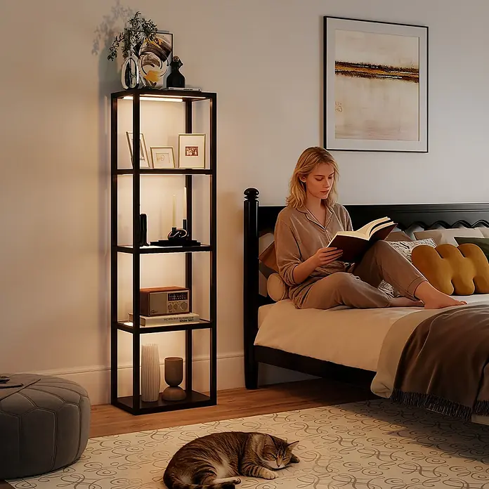 Homcom Stehleuchte - 18 W, Höhe: 157 cm, Schwarz, Schwarz, E27 - Hohes, dunkelmetallenes Bücherregal mit integrierter warmer LED-Beleuchtung im Schlafzimmer.