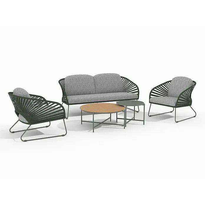 Ebuy24 Loungemöbel-Set Novella - 5 -tlg., Schaum, Polyester, Stahl, Grau - Outdoor-Lounge-Set mit dunkelgrünen Metallrahmen, grauen Kissen und zwei runden Tischen mit Holz- und grünen Platten.