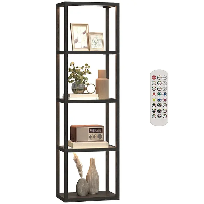 Homcom Stehleuchte - 18 W, Höhe: 157 cm, Schwarz, Schwarz, E27 - Hohes dunkles Holzregal mit 5 beleuchteten Fächern, dekoriert, steuerbar per Fernbedienung. Verstellbare LED-Beleuchtung.