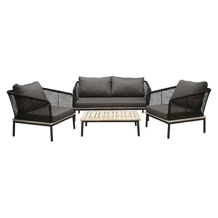 Ebuy24 Loungemöbel-Set Andorra - 4 -tlg., Polyester Seil Stahl, Schwarz - Outdoor-Lounge-Set mit dunkelgrauen geflochtenen Stühlen und Sofa, dunklen Kissen und hellem Holztisch mit dunklen Metallbeinen.